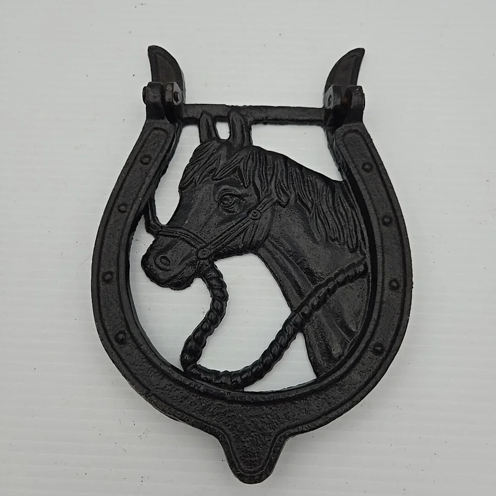 Horse Head in Horseshoe Door Knocker Cast Iron Metal